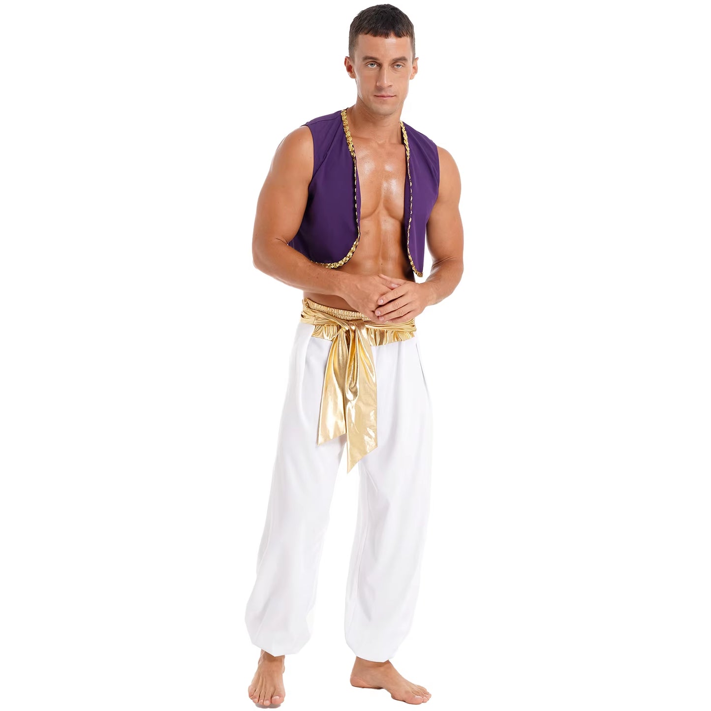Aladin Costume Men Arabian Prince Cosplay Dress up Waistcoat Top Harem Pants Suit Halloween Theme Party Carnival Stage Dancewear
