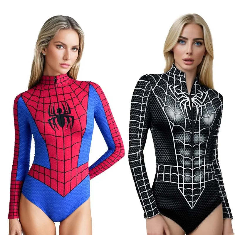 Superhero Spiderman Bodysuit for Women Captain America Cosplay 3D Print Long Sleeve Swimsuit Adult Halloween Carnival Costumes