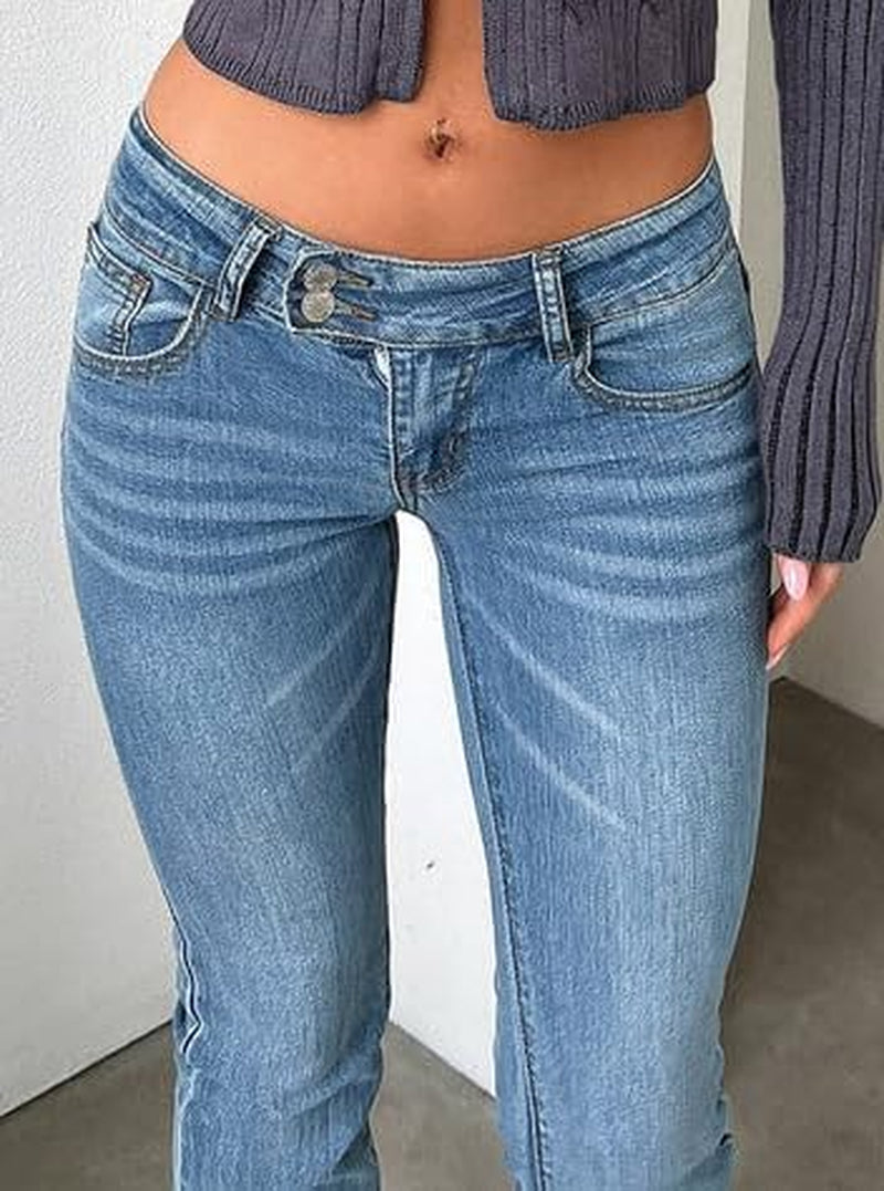 Women'S Stretch Low Rise Double Button Elastic Skinny Vintage Flare Jeans