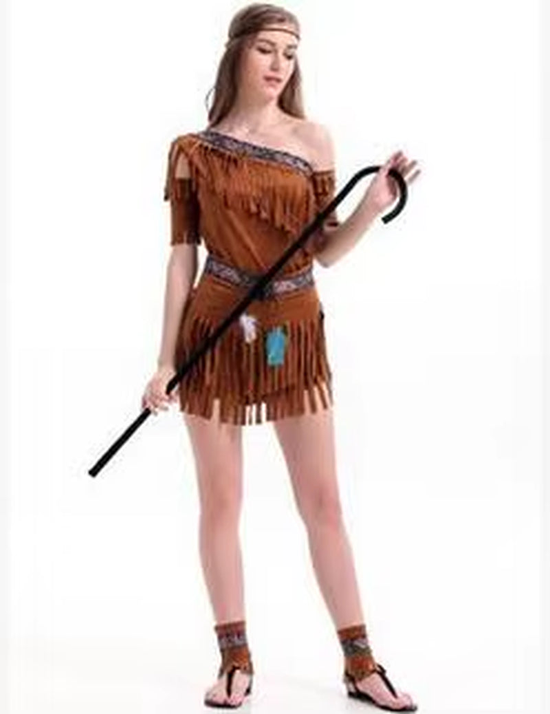 Free Shipping Superior Quality Hunter Women Pocahontas Adult Fancy Dress Halloween Cosplay Costume Aboriginals Chief Costume