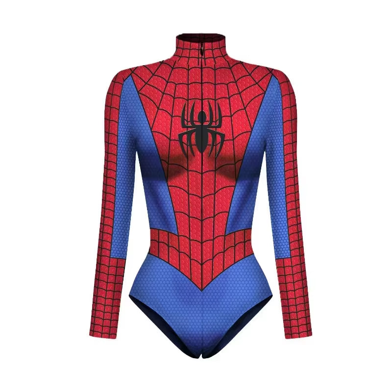 Superhero Spiderman Bodysuit for Women Captain America Cosplay 3D Print Long Sleeve Swimsuit Adult Halloween Carnival Costumes