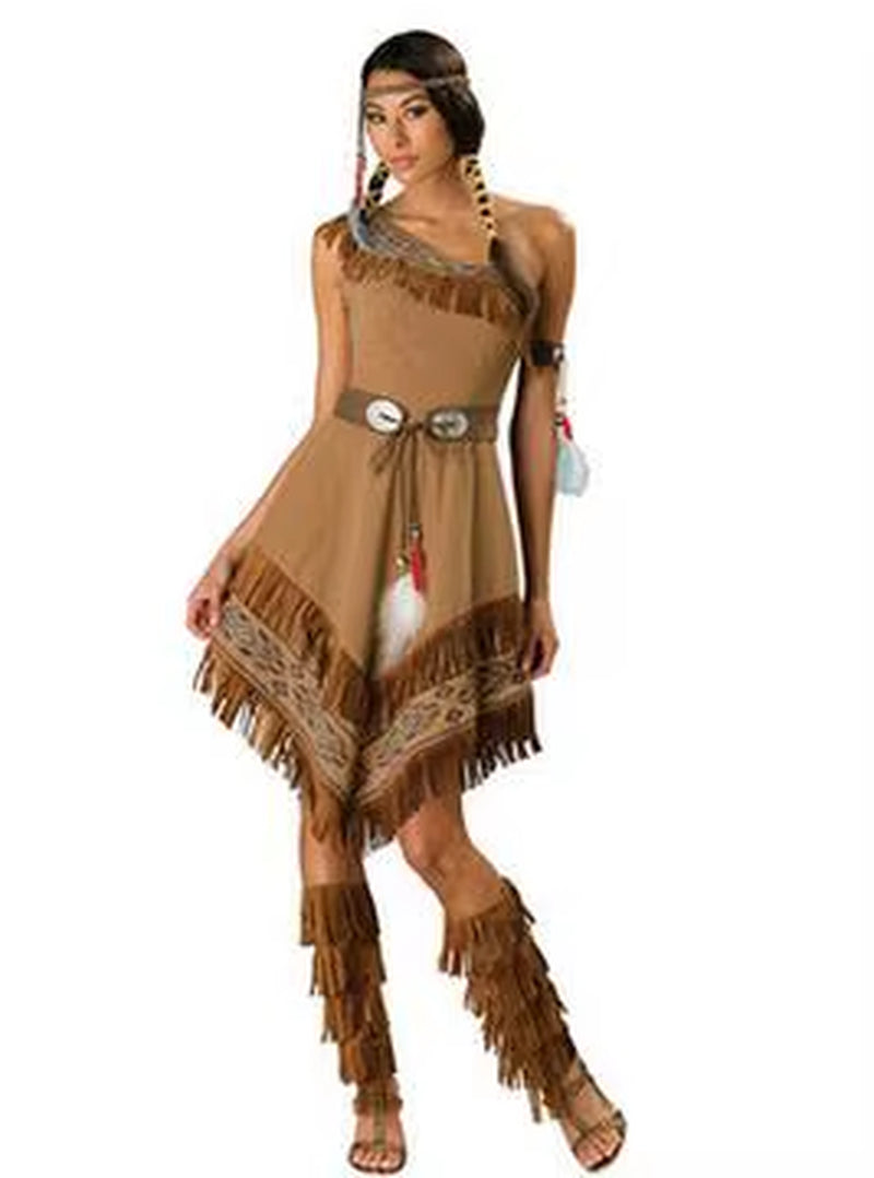 Free Shipping Superior Quality Hunter Women Pocahontas Adult Fancy Dress Halloween Cosplay Costume Aboriginals Chief Costume