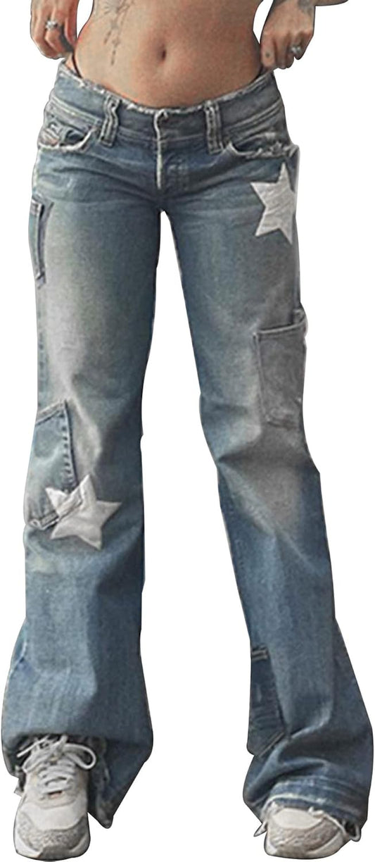Womens Star Print Jeans Y2K Jeans Baggy Denim Pants Vintage Blue Jeans Straight Leg Pants
