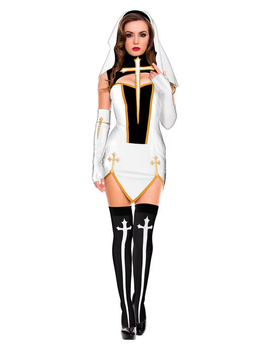 Full Set Sexy Bad Habit Nun Costume Women Exotic Role Play Uniform Adult Halloween Cosplay Religious Sister Fancy Dress