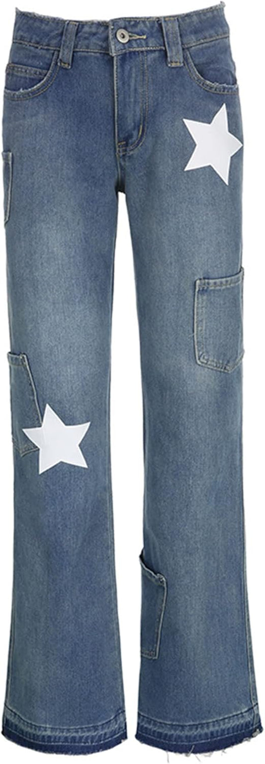 Womens Star Print Jeans Y2K Jeans Baggy Denim Pants Vintage Blue Jeans Straight Leg Pants