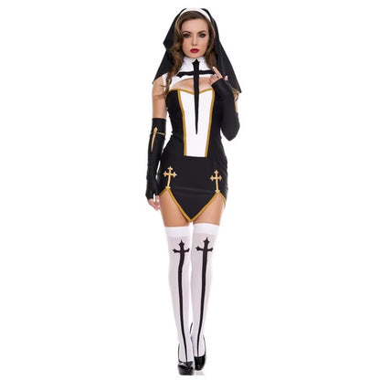 Full Set Sexy Bad Habit Nun Costume Women Exotic Role Play Uniform Adult Halloween Cosplay Religious Sister Fancy Dress