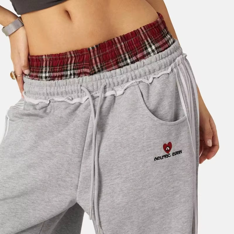 American Retro College Style Loose Fit Two-Piece Set with Double Waist Head Fake Bathroom Pants for Sports Leisure Fashion