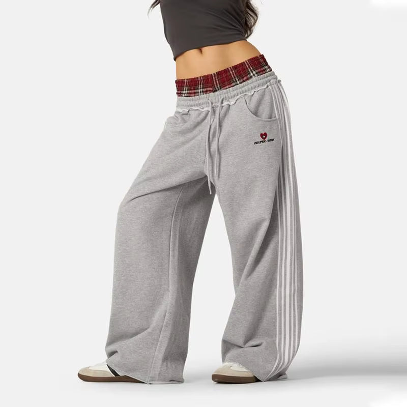 American Retro College Style Loose Fit Two-Piece Set with Double Waist Head Fake Bathroom Pants for Sports Leisure Fashion
