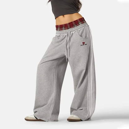 American Retro College Style Loose Fit Two-Piece Set with Double Waist Head Fake Bathroom Pants for Sports Leisure Fashion