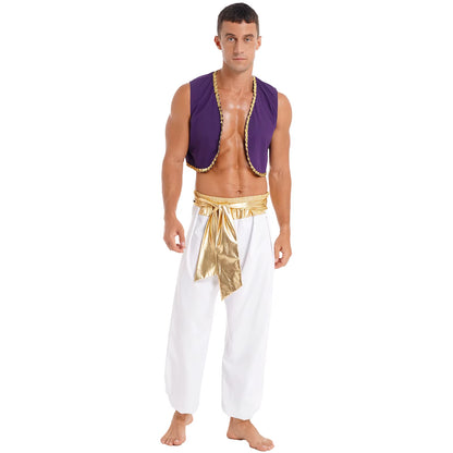 Aladin Costume Men Arabian Prince Cosplay Dress up Waistcoat Top Harem Pants Suit Halloween Theme Party Carnival Stage Dancewear