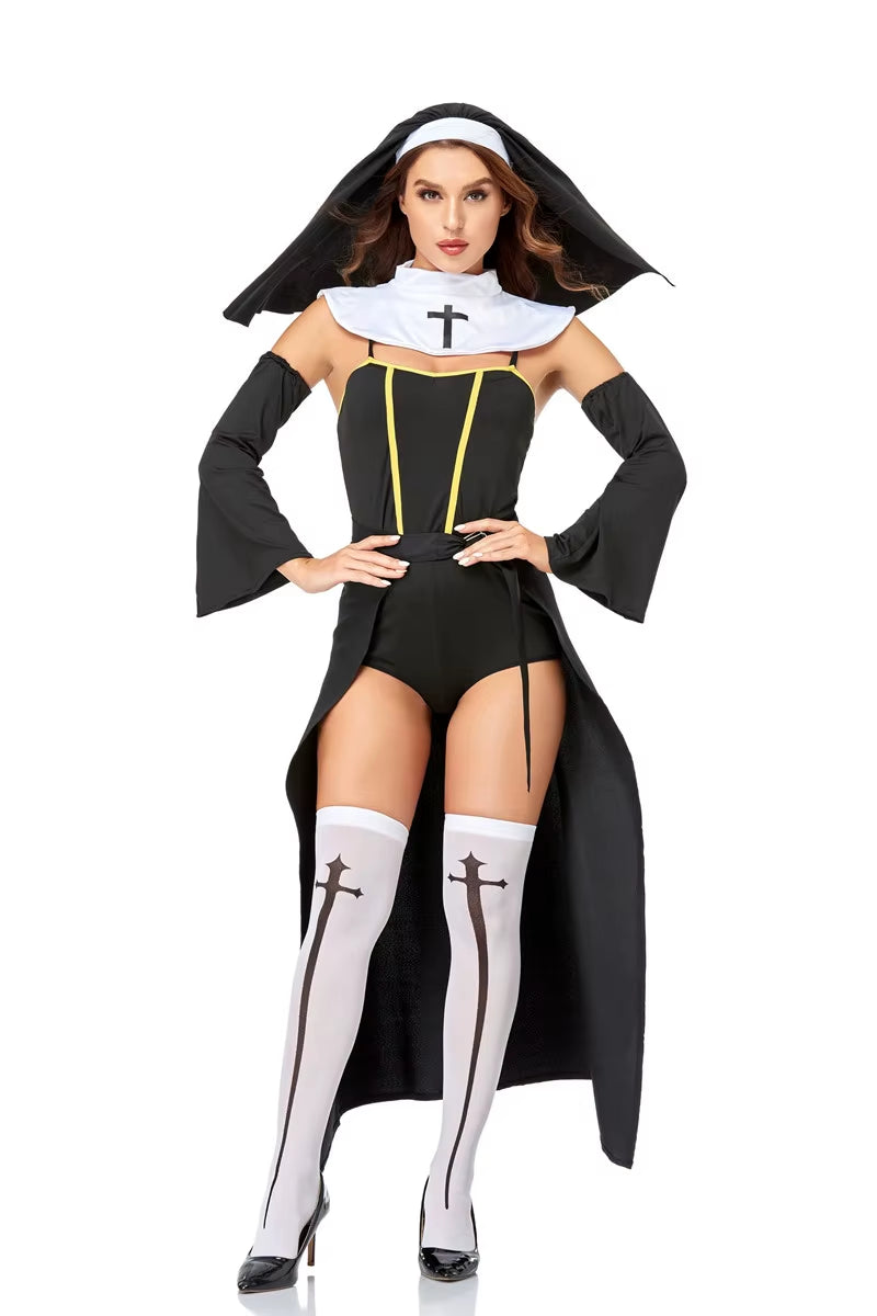 Full Set Sexy Bad Habit Nun Costume Women Exotic Role Play Uniform Adult Halloween Cosplay Religious Sister Fancy Dress