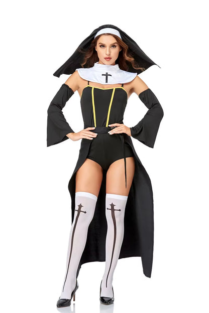 Full Set Sexy Bad Habit Nun Costume Women Exotic Role Play Uniform Adult Halloween Cosplay Religious Sister Fancy Dress