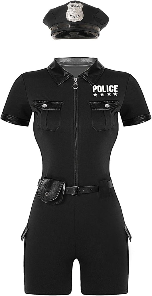 Women Police Costume Police Officer Uniform with Hat Complete Cop Outfit for Halloween Carnival Party