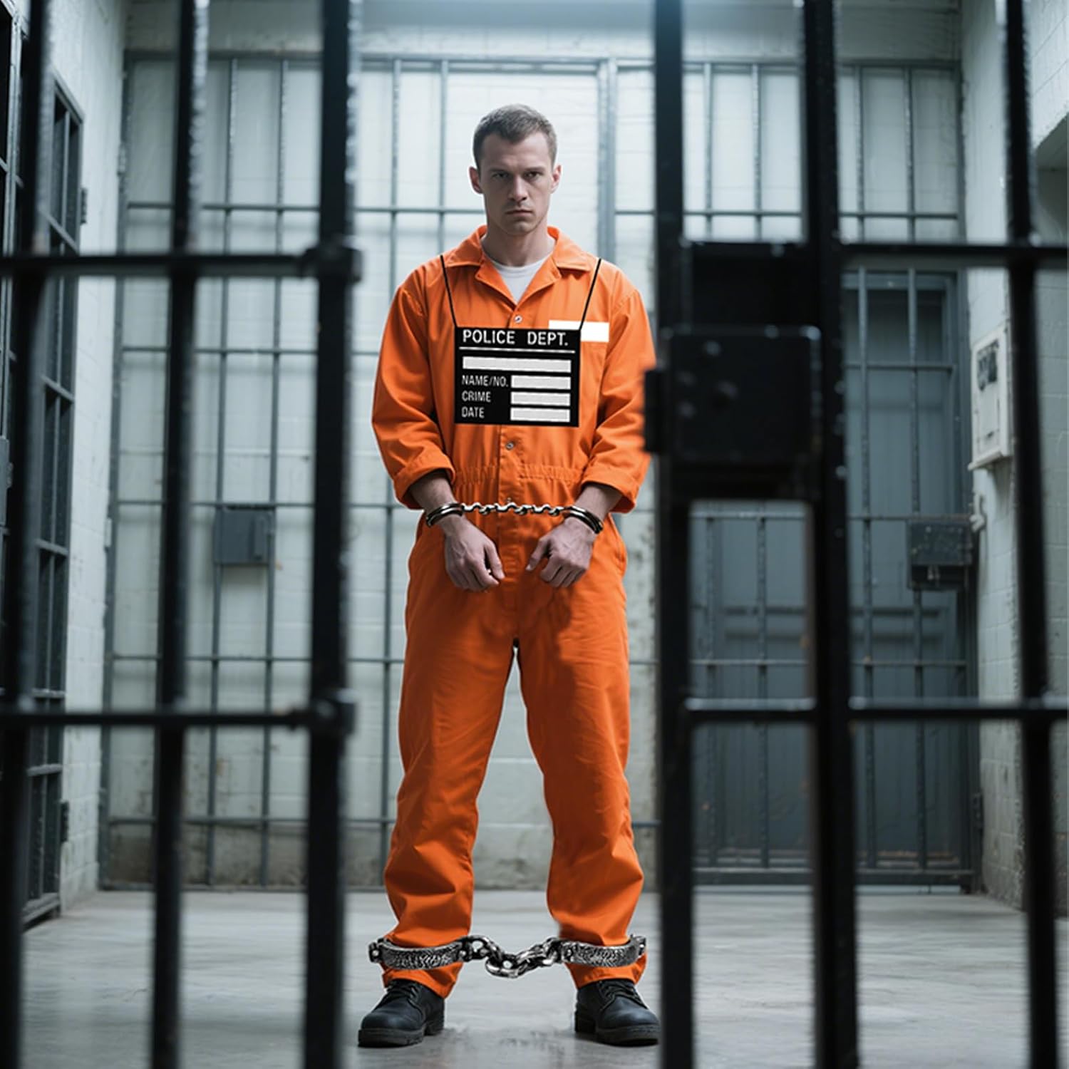 Prisoner Costume Men Orange Prisoner Jumpsuit Adult Jail Costume Halloween Cosplay Inmate Costume Set