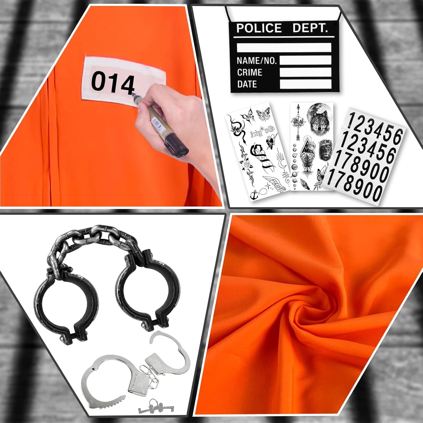 Prisoner Costume Men Orange Prisoner Jumpsuit Adult Jail Costume Halloween Cosplay Inmate Costume Set