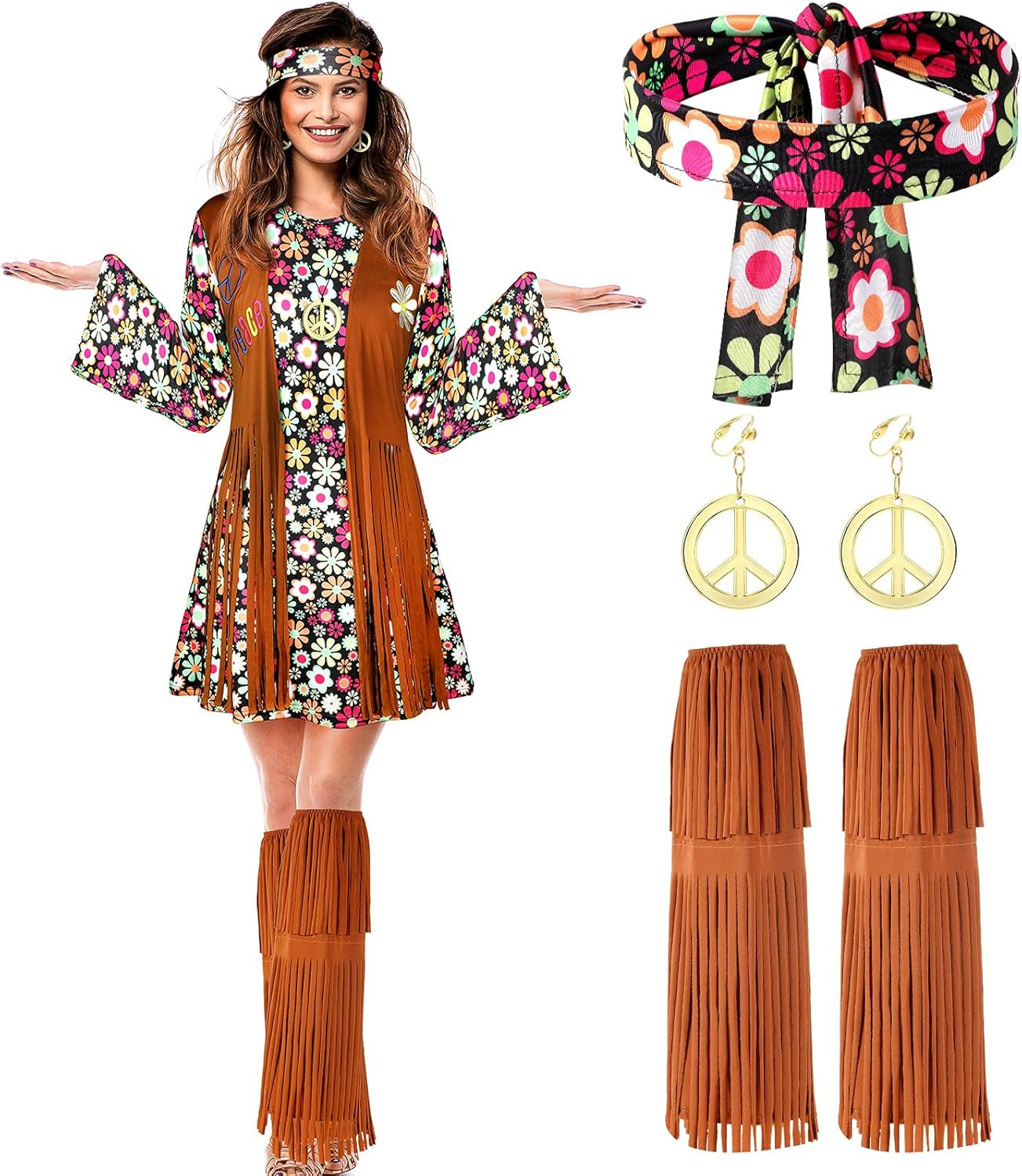 70S 60S Hippie Costume Set 70S Outfits Accessories for Carnival Party Halloween Women Disco Dress