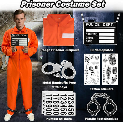 Prisoner Costume Men Orange Prisoner Jumpsuit Adult Jail Costume Halloween Cosplay Inmate Costume Set