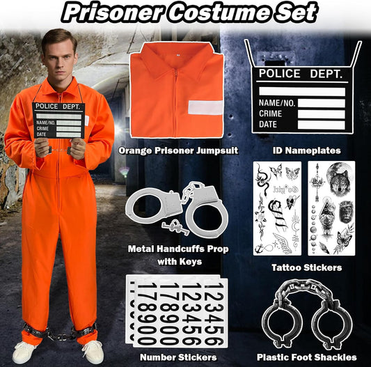 Prisoner Costume Men Orange Prisoner Jumpsuit Adult Jail Costume Halloween Cosplay Inmate Costume Set