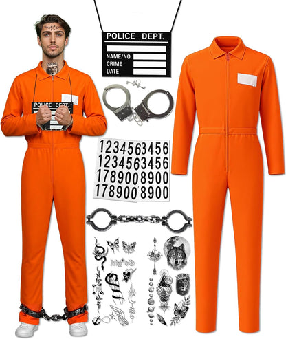 Prisoner Costume Men Orange Prisoner Jumpsuit Adult Jail Costume Halloween Cosplay Inmate Costume Set