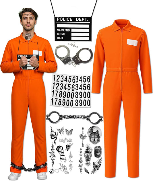 Prisoner Costume Men Orange Prisoner Jumpsuit Adult Jail Costume Halloween Cosplay Inmate Costume Set