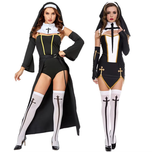 Full Set Sexy Bad Habit Nun Costume Women Exotic Role Play Uniform Adult Halloween Cosplay Religious Sister Fancy Dress