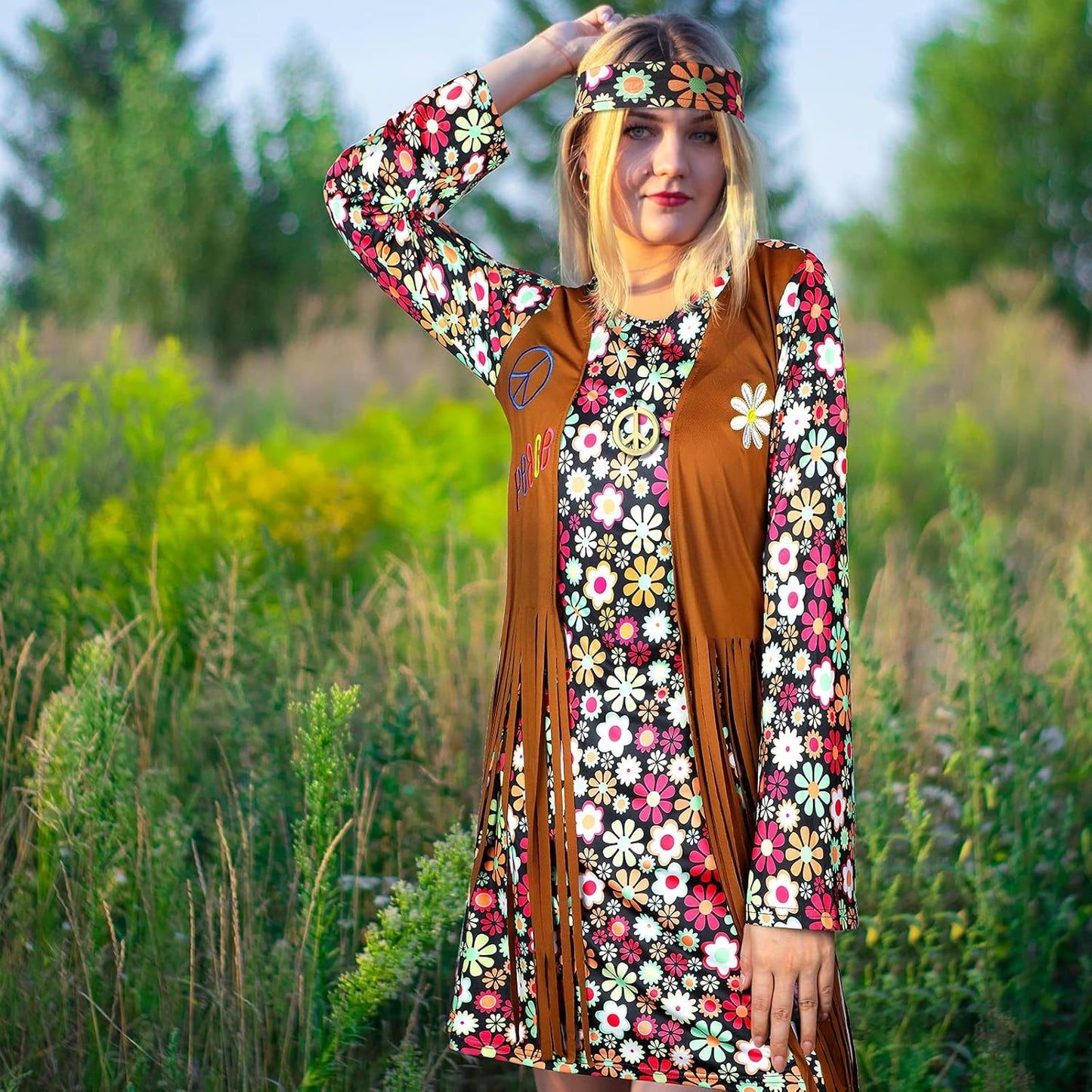 70S 60S Hippie Costume Set 70S Outfits Accessories for Carnival Party Halloween Women Disco Dress