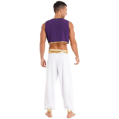 Aladin Costume Men Arabian Prince Cosplay Dress up Waistcoat Top Harem Pants Suit Halloween Theme Party Carnival Stage Dancewear