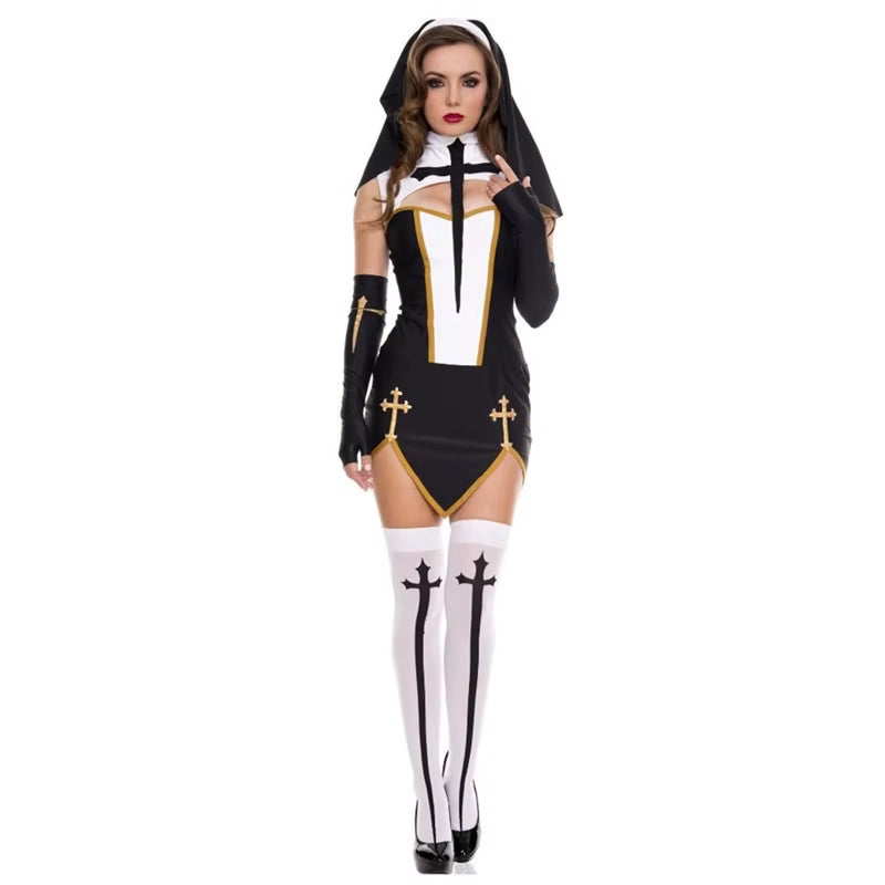 Full Set Sexy Bad Habit Nun Costume Women Exotic Role Play Uniform Adult Halloween Cosplay Religious Sister Fancy Dress