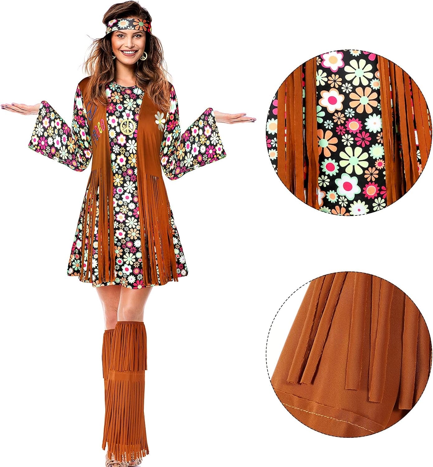 70S 60S Hippie Costume Set 70S Outfits Accessories for Carnival Party Halloween Women Disco Dress