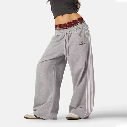 American Retro College Style Loose Fit Two-Piece Set with Double Waist Head Fake Bathroom Pants for Sports Leisure Fashion