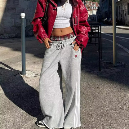 American Retro College Style Loose Fit Two-Piece Set with Double Waist Head Fake Bathroom Pants for Sports Leisure Fashion