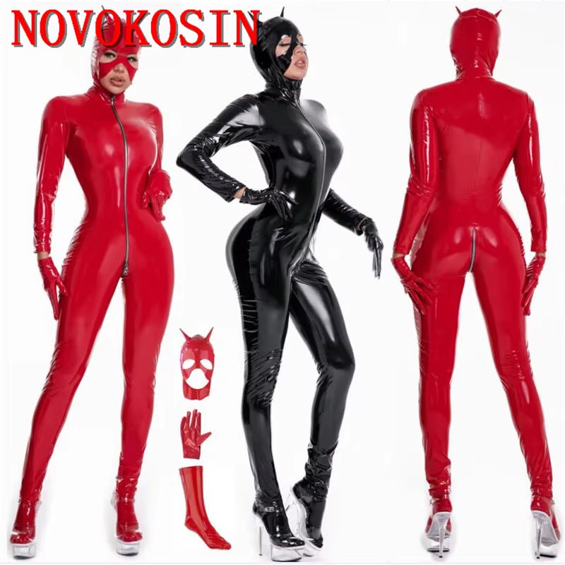 2021 S-5XL Bright Faux Leather Sexy Cat Women Cosplay Party Costume Adult Halloween Catwomen Bodysuit with Gloves Mask Stocking