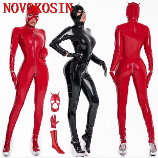 2021 S-5XL Bright Faux Leather Sexy Cat Women Cosplay Party Costume Adult Halloween Catwomen Bodysuit with Gloves Mask Stocking