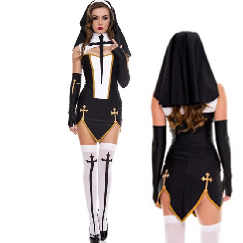 Full Set Sexy Bad Habit Nun Costume Women Exotic Role Play Uniform Adult Halloween Cosplay Religious Sister Fancy Dress