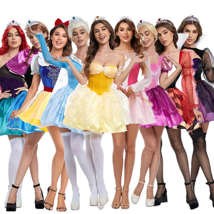 Halloween Purim Anime Anna Elsa Cinderella Peach Belle Snow White Arora Princess Cosplay Costume Masquerade Queen Fancy Dress