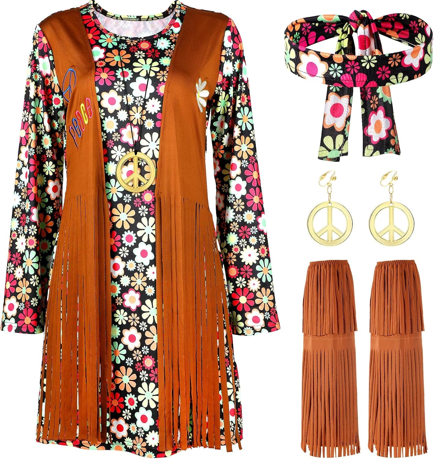 70S 60S Hippie Costume Set 70S Outfits Accessories for Carnival Party Halloween Women Disco Dress