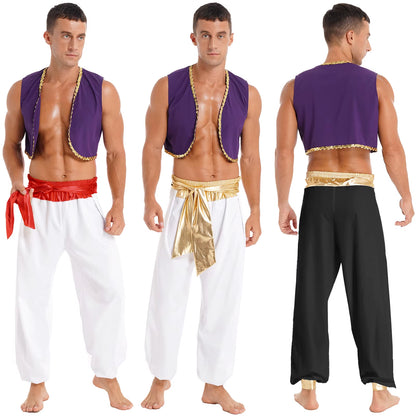 Aladin Costume Men Arabian Prince Cosplay Dress up Waistcoat Top Harem Pants Suit Halloween Theme Party Carnival Stage Dancewear