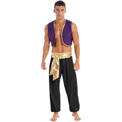 Aladin Costume Men Arabian Prince Cosplay Dress up Waistcoat Top Harem Pants Suit Halloween Theme Party Carnival Stage Dancewear